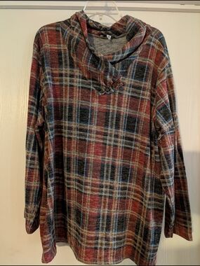 Southern Lady Red Multi Plaid Cowl Neck Sweater